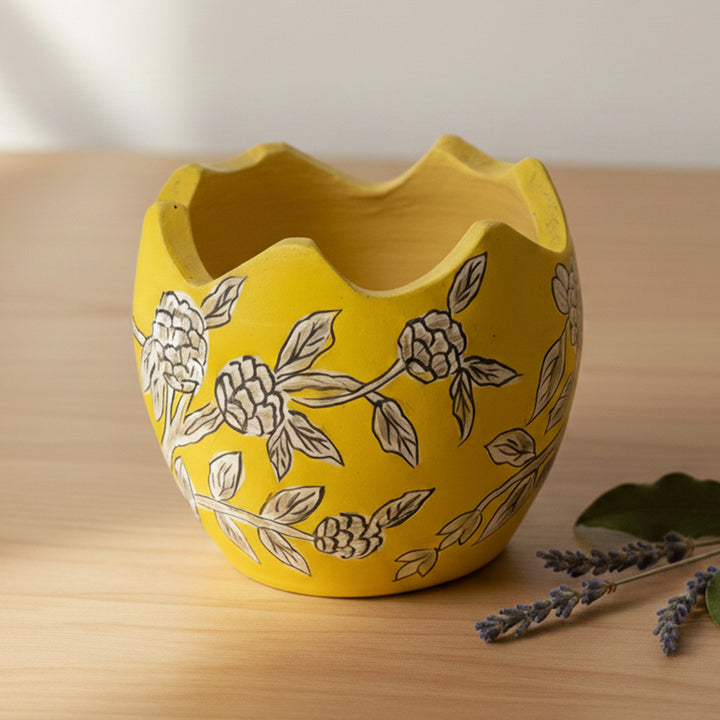 Hand-Painted Yellow & White Floral Terracotta Candle Holder With Candle