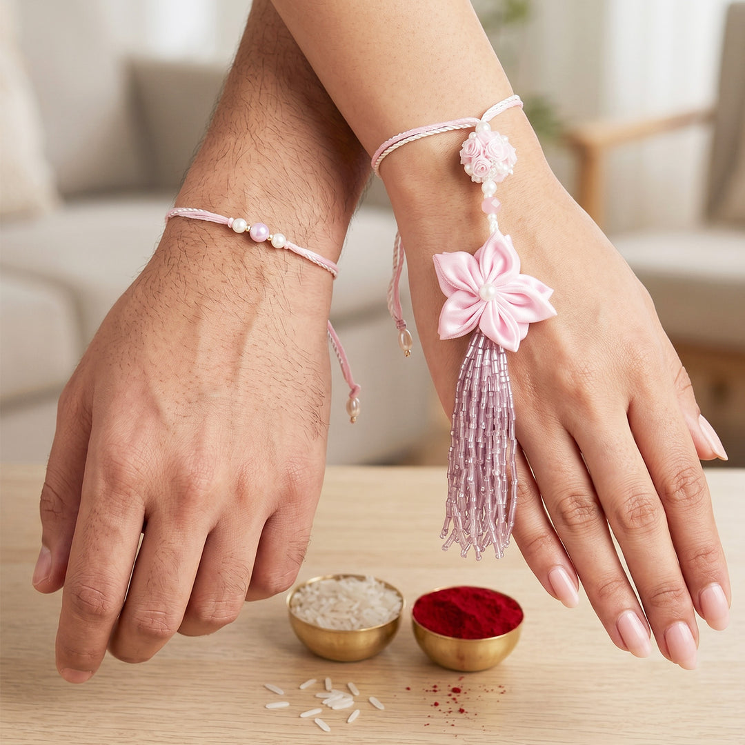Handmade Floral theme Guldasta Couple Rakhi Lumba Set With Roli Chawal For Bhaiya Bhabhi