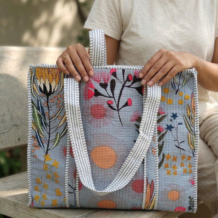 Handmade Misty Grey Meadows Cotton Tote Bag