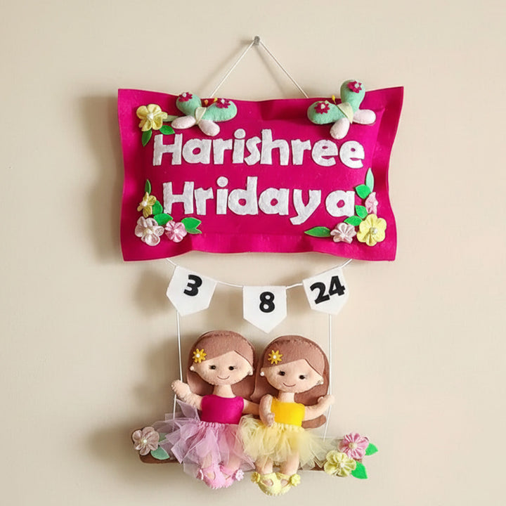 Hand-stitched Pillow & Swing Theme Felt Kids Name Plate for Siblings