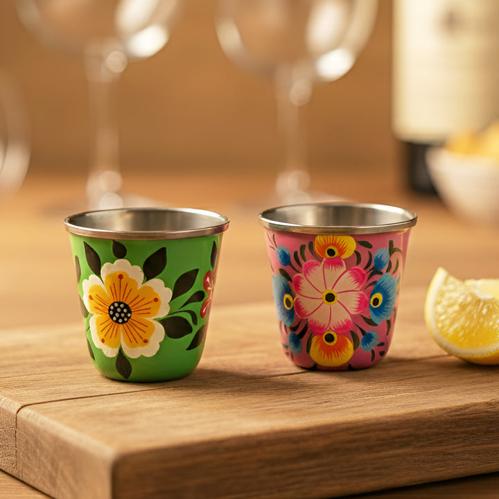 2Pc | Hand-Painted Pink & Green Floral Kashmiri Art Stainless Steel Shot Glasses