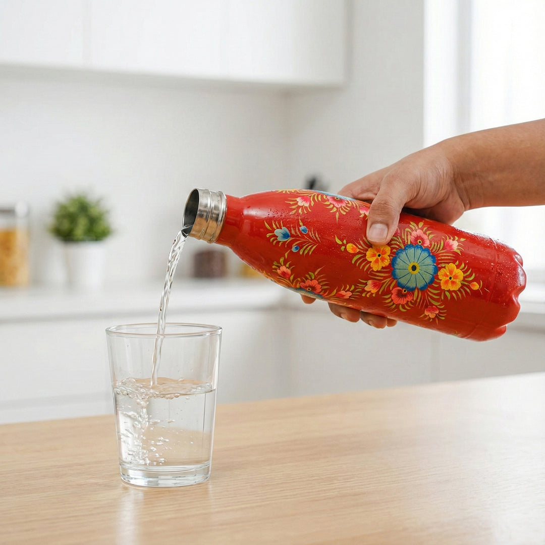 Hand-Painted Red Floral Kashmiri Art Stainless Steel Large Water Bottle