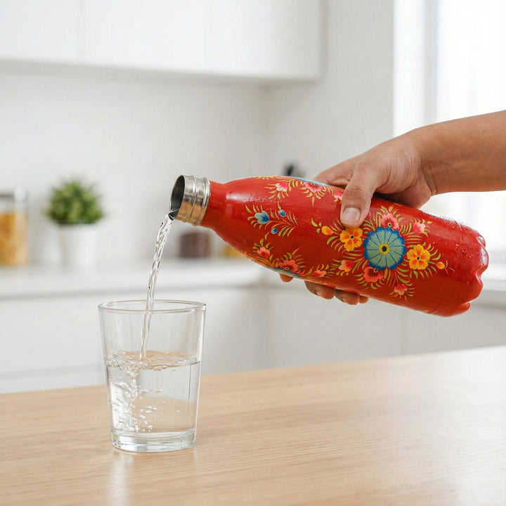 Hand-Painted Red Floral Kashmiri Art Stainless Steel Large Water Bottle
