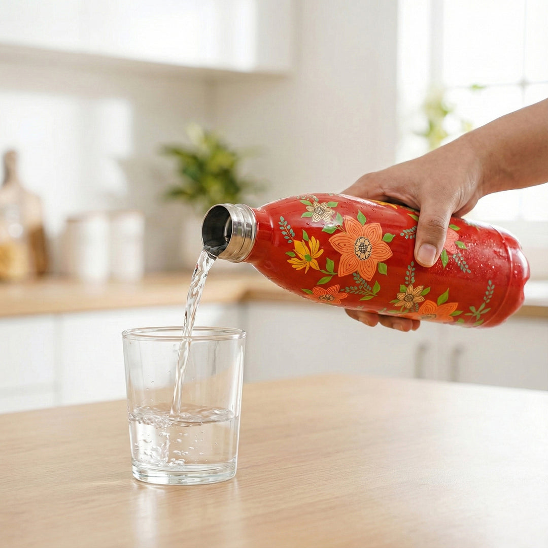 Hand-Painted Floral Kashmiri Art Stainless Steel Large Water Bottle