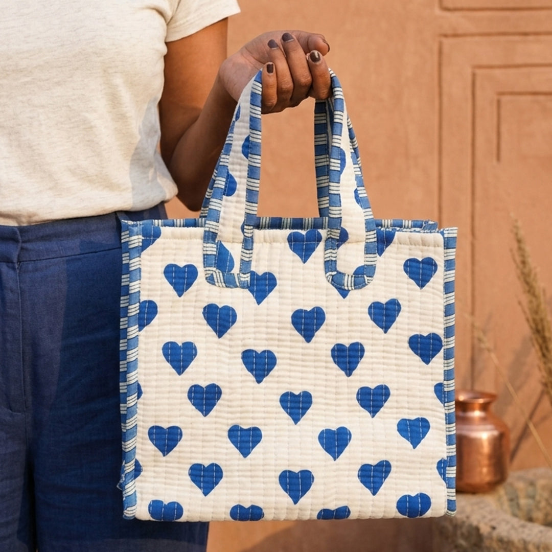 Hand Block Printed Blue Heart Cotton Tote Bag
