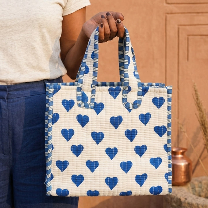 Hand Block Printed Blue Heart Cotton Tote Bag
