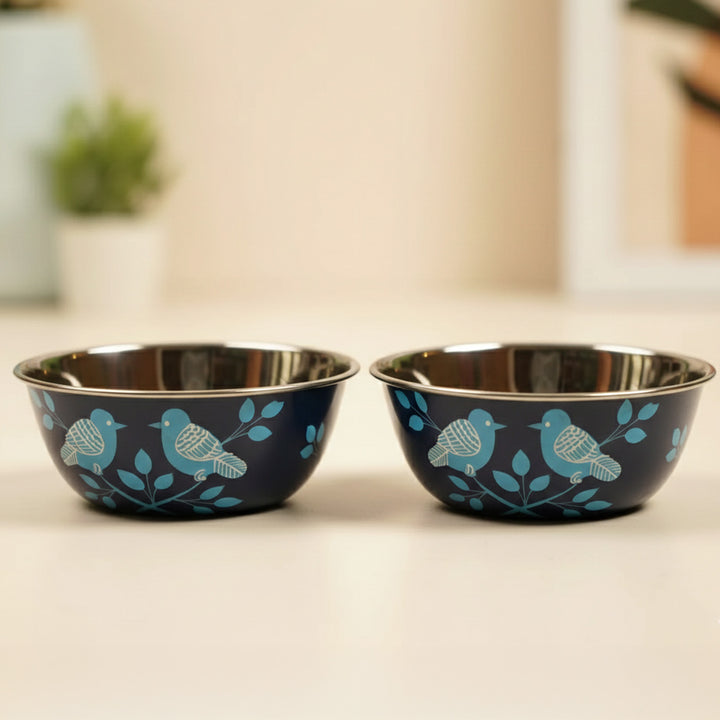 2Pc | Hand-Painted Blue Birds Kashmiri Art Stainless Steel Medium Bowls