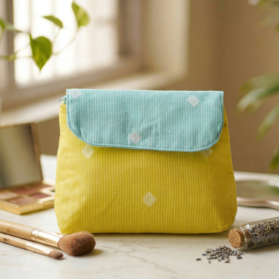 Yellow & Pastel Blue Flap Cotton Makeup Pouch