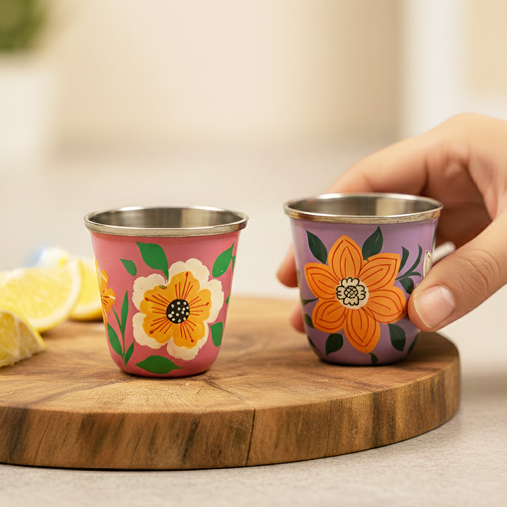 2Pc | Hand-Painted Pink & Purple Floral Kashmiri Art Stainless Steel Shot Glasses