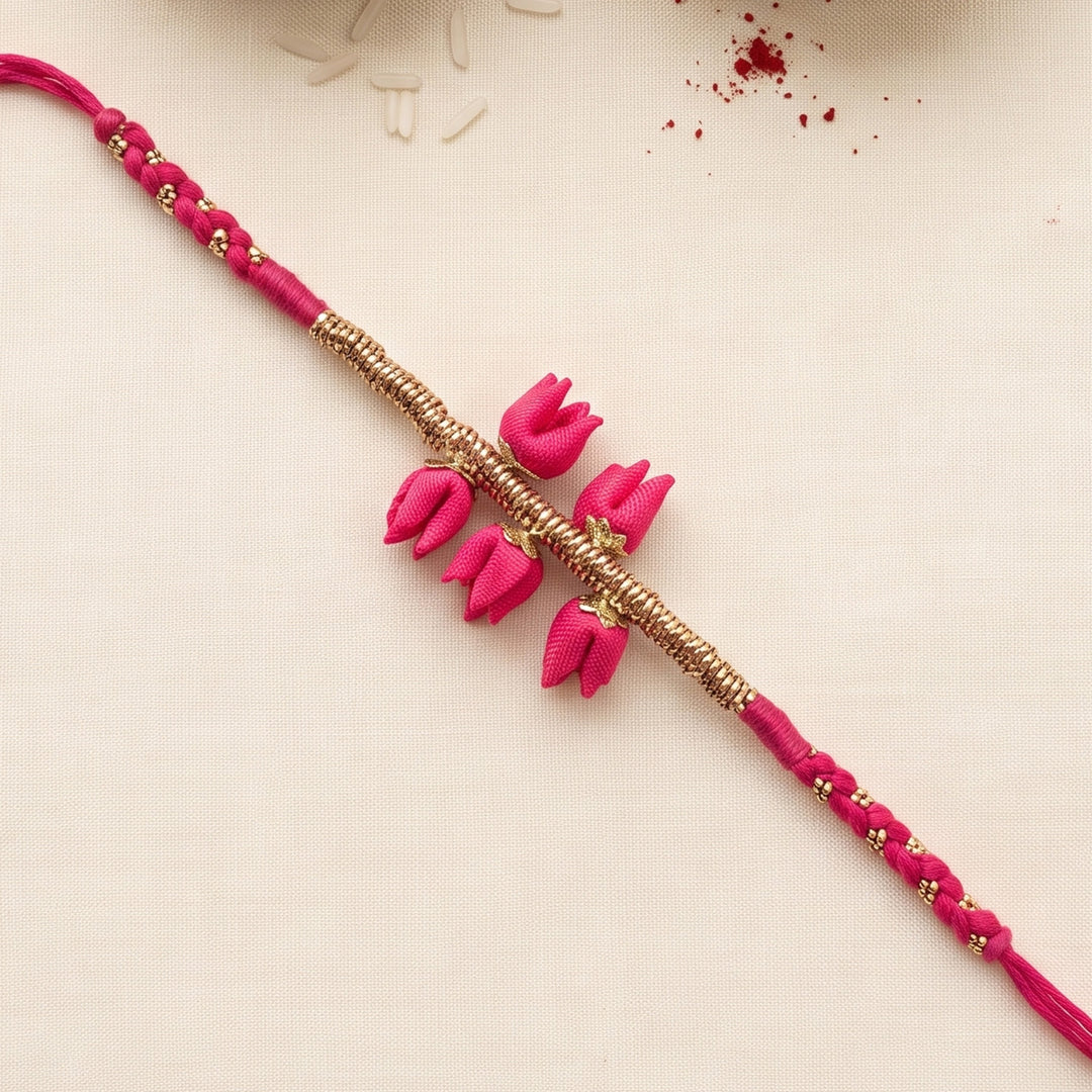 Handmade Tulip Bud Silk Floral Rakhi For Brother With Roli Chawal