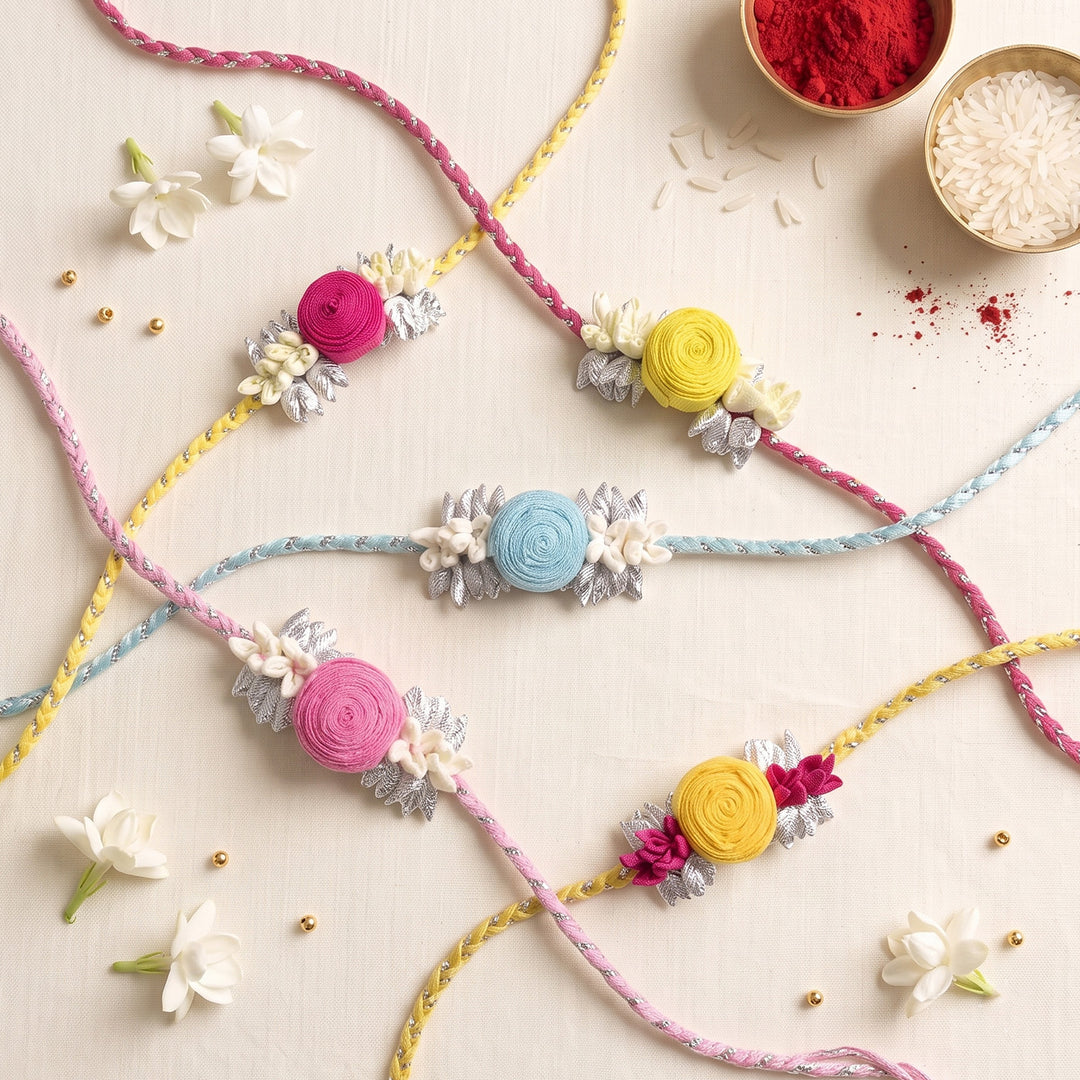Handmade Rose & Mogra Bud Silk Rakhi For Brother With Roli Chawal