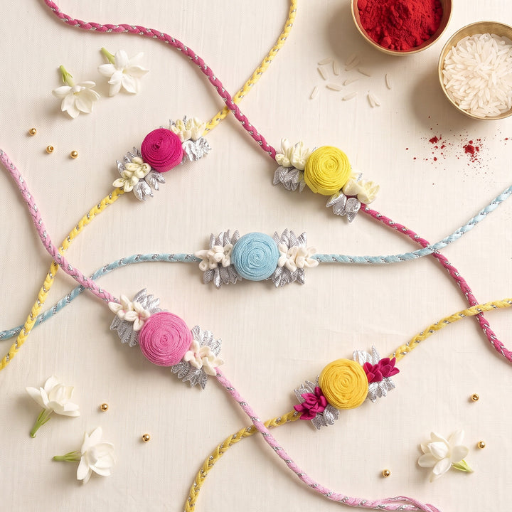 Handmade Rose & Mogra Bud Silk Rakhi For Brother With Roli Chawal