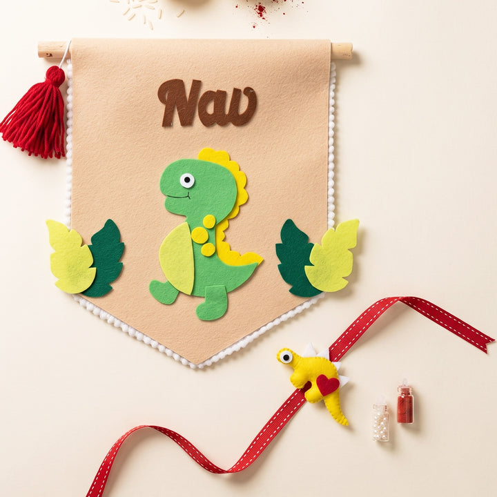 Personalised Handmade Felt Dinosaur Rakhi With Matching Nameplate & Roli Chawal For Brother