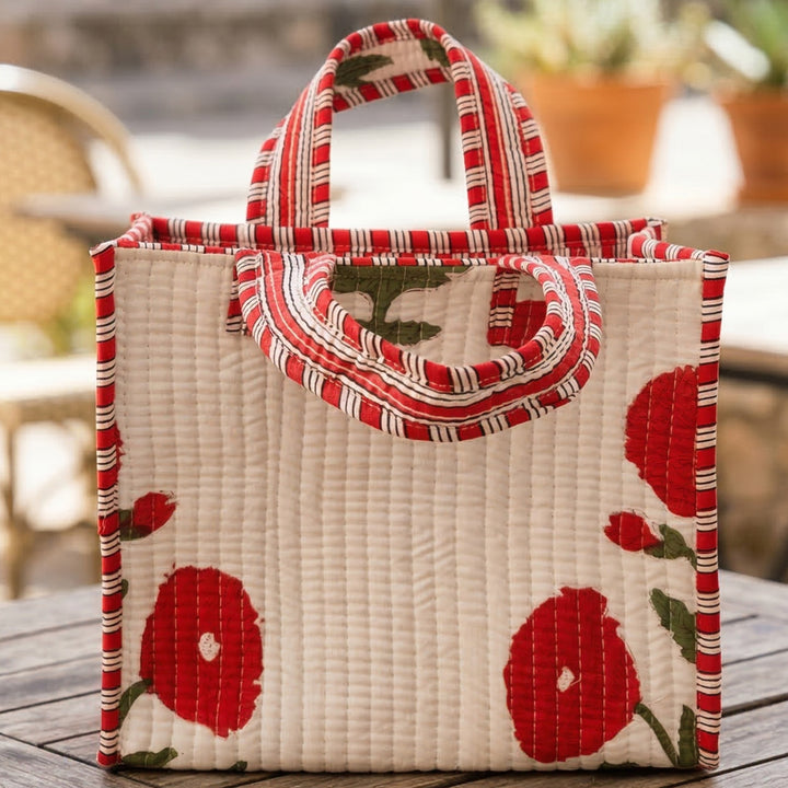 Hand Block Printed Red Poppy Cotton Tote Bag