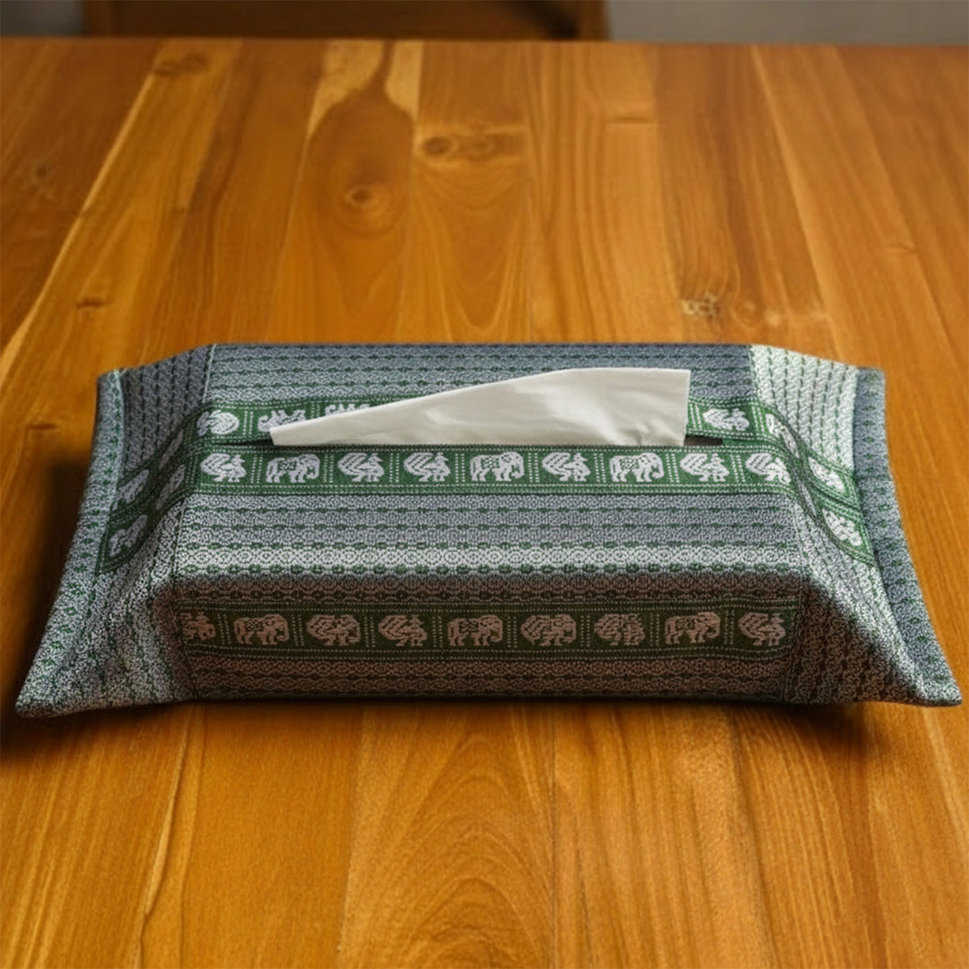 Handmade Grey Elephant & Peacock Motif Khunn Fabric Cotton Tissue Box Cover