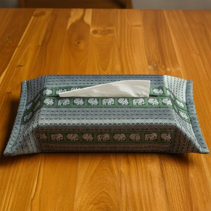 Handmade Grey Elephant & Peacock Motif Khunn Fabric Cotton Tissue Box Cover
