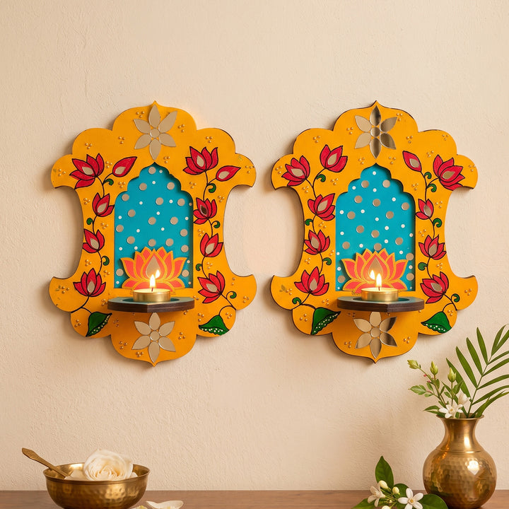 Set of 2 | Lotus Inspired Jharokha MDF Wall Hanging Tealight Holders For Festive Decor