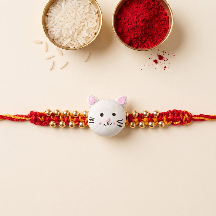 Handmade Cat Charm Polymer Clay Rakhi With Roli Chawal For Kids