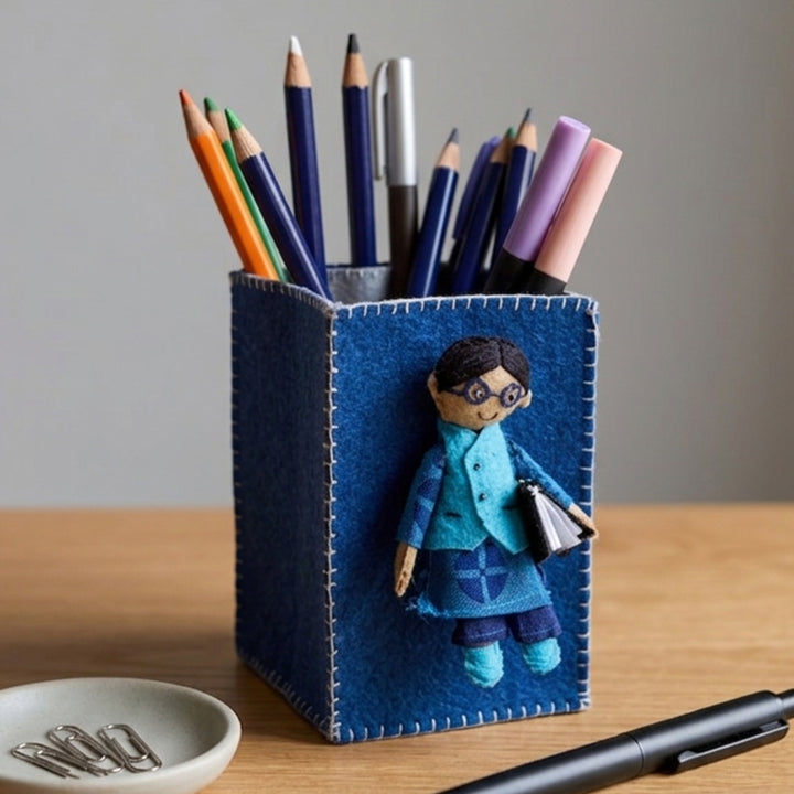 Handmade Navy Blue Pen Stand with Detachable Azad Doll