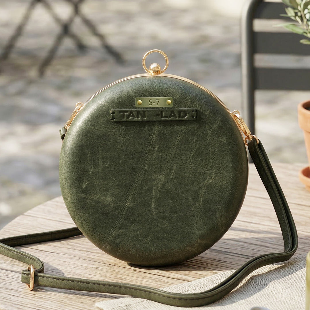 Personalized Green Round Leather Clutch With Sling