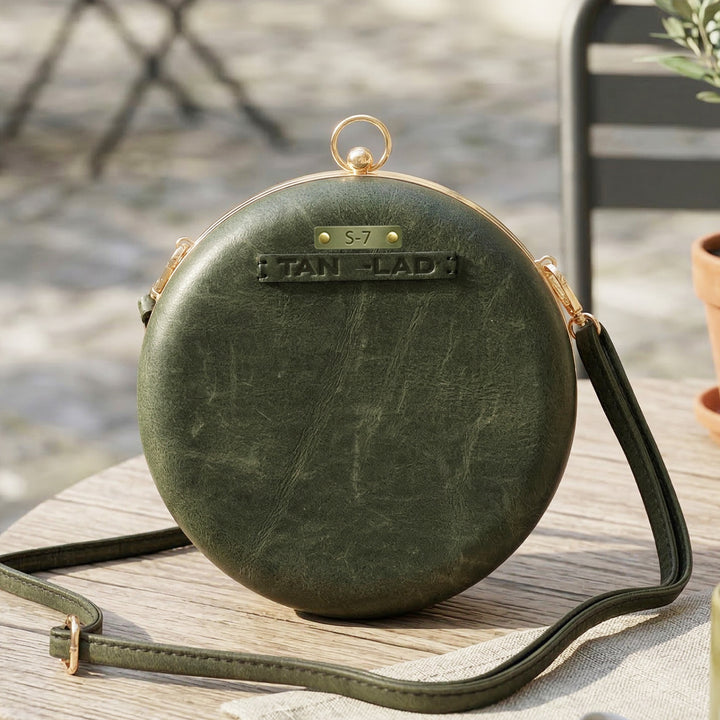 Personalized Green Round Leather Clutch With Sling