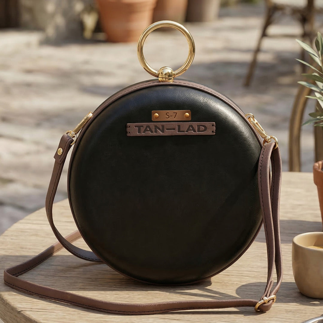 Personalized Black Round Leather Clutch With Sling