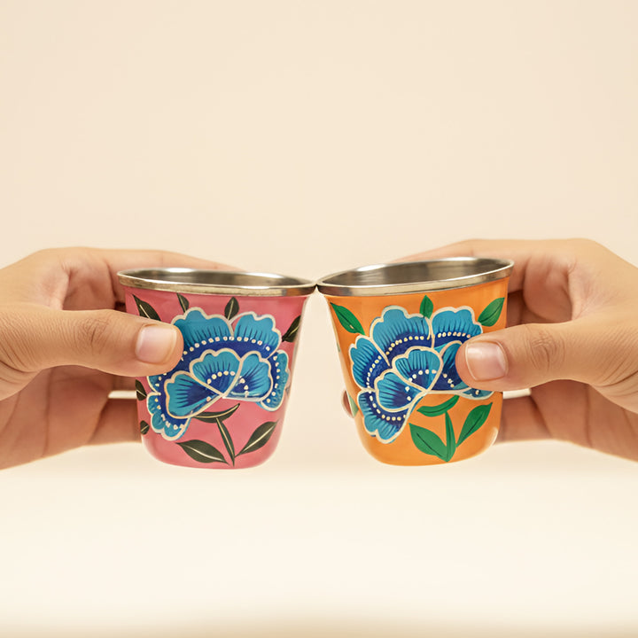 2Pc | Hand-Painted Pink & Yellow Floral Kashmiri Art Stainless Steel Shot Glasses