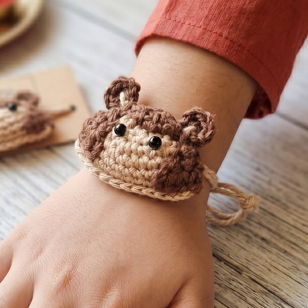 Handmade Crochet Little Monkey Theme Rakhi With Roli Chawal for Kids