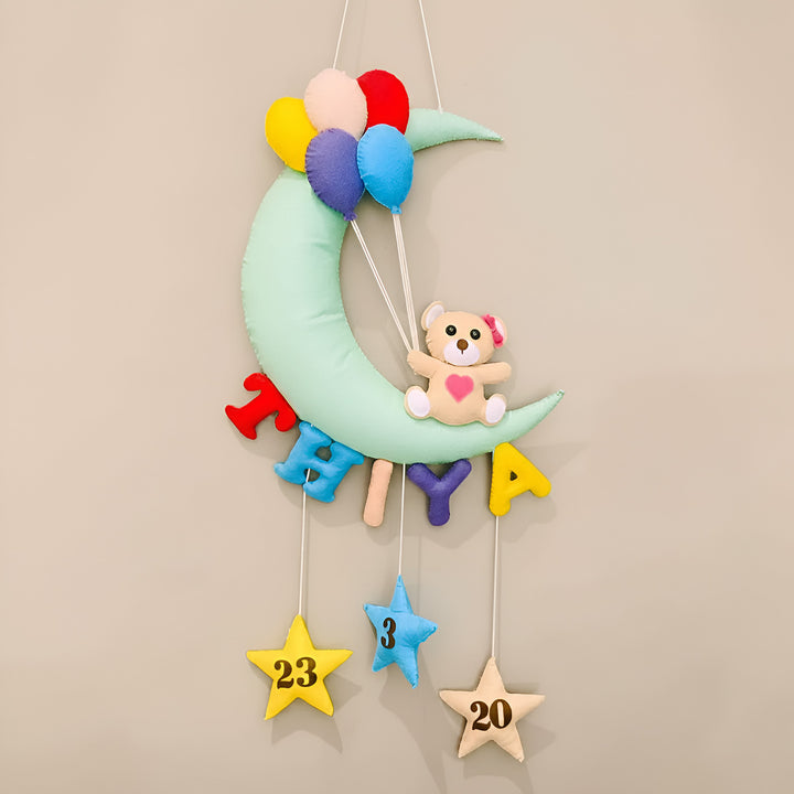 Handmade Teddy on the Moon Kids Felt Name Hanging with Birthdate