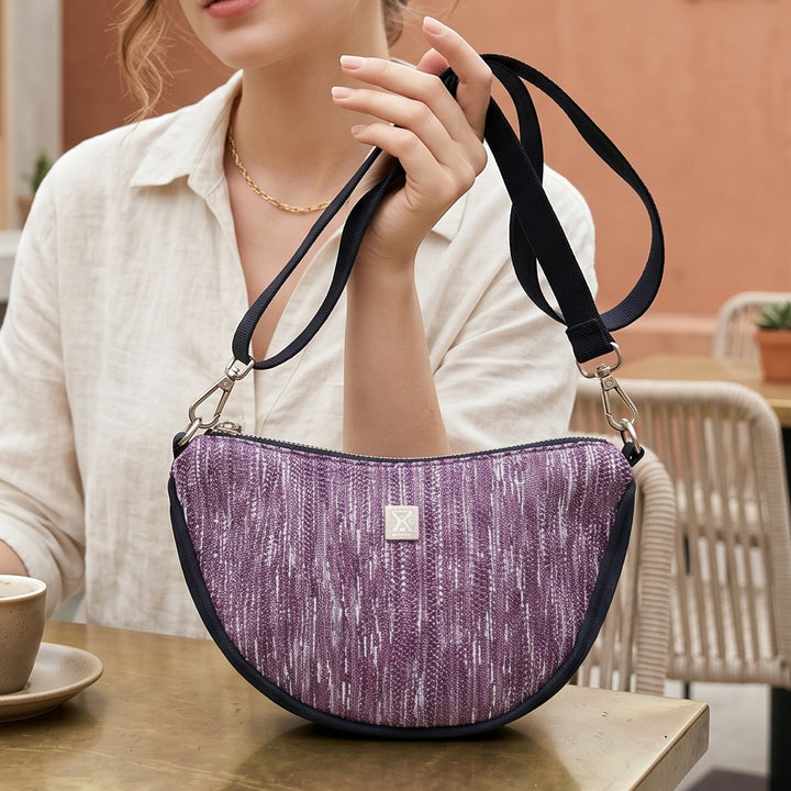 White and Purple Striped Upcycled Plastic Handcrafted Curve Sling Bag