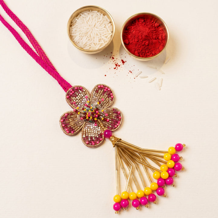 Intricate Beadwork Flower Motif Lumba Rakhi With Roli Chawal For Sister/Bhabhi