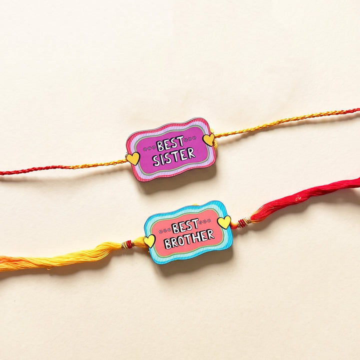 Glossy Printed Wooden Rakhi Combo With Kumkum Rice For Brother & Sister | Set of 2