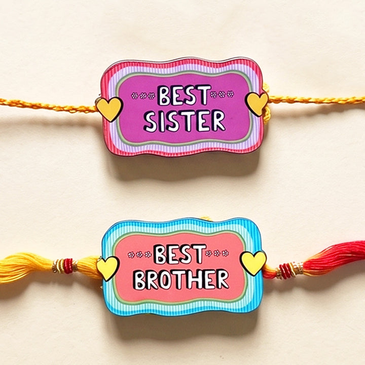 Glossy Printed Wooden Rakhi Combo With Kumkum Rice For Brother & Sister | Set of 2