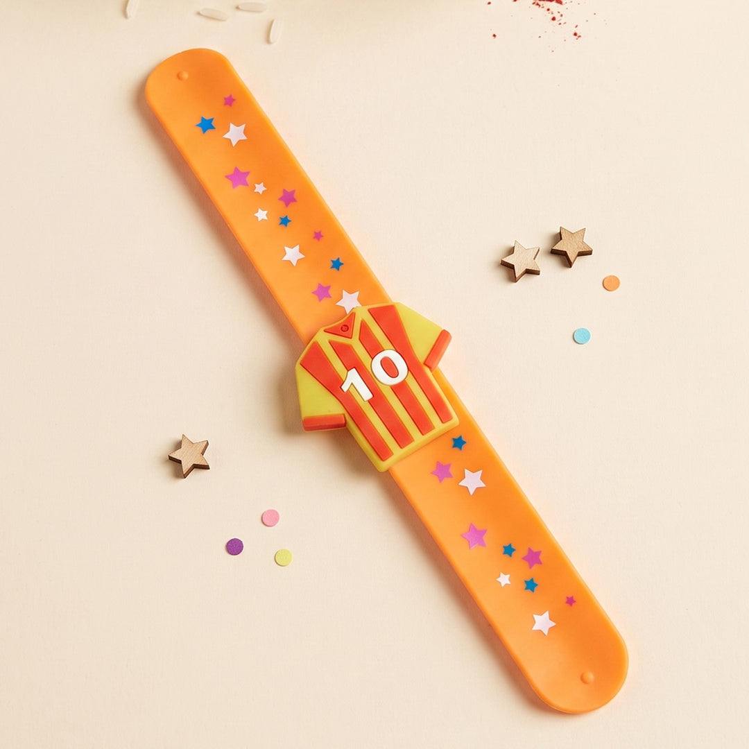 Handmade Football Jersey No.10 Silicone Slap Band Rakhi For Kids With Roli Chawal For Brother