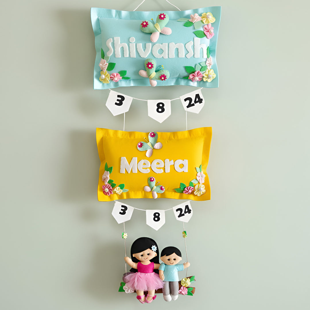 Hand-stitched Pillow & Swing Theme Felt Kids Name Plate for Siblings