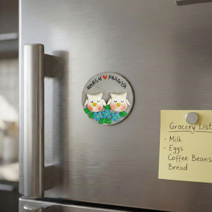 Owls Couple Handmade Personalized Polymer Clay Round Fridge Magents