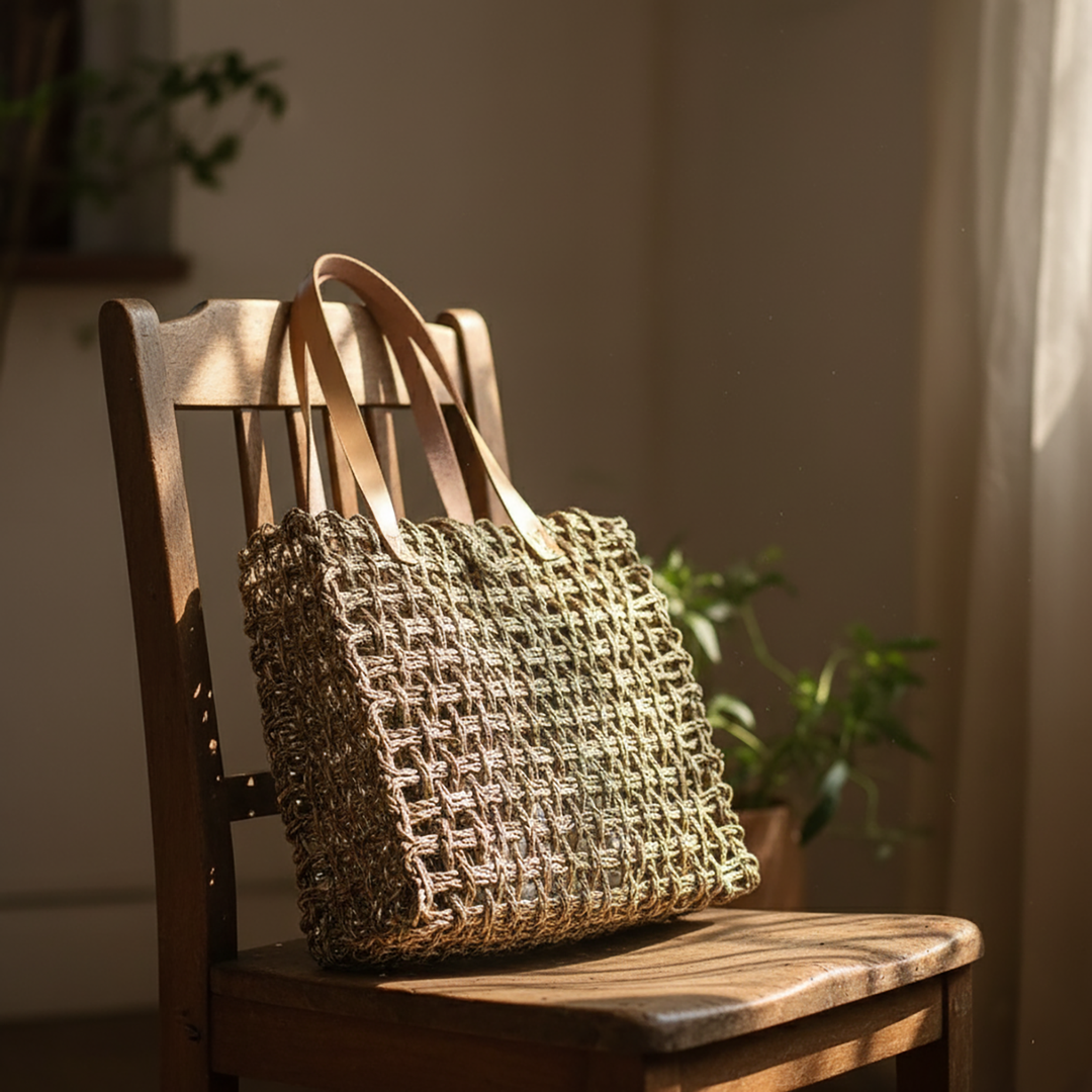 Handmade Grass Woven Rectangular Mesh Leather Strap Natural And Gold Sabai Mesh Tote Bag