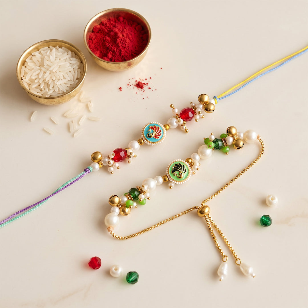 Hand-Knotted Peacock Beaded Rakhi & Lumba Set For Bhaiya Bhabhi | Set of 2