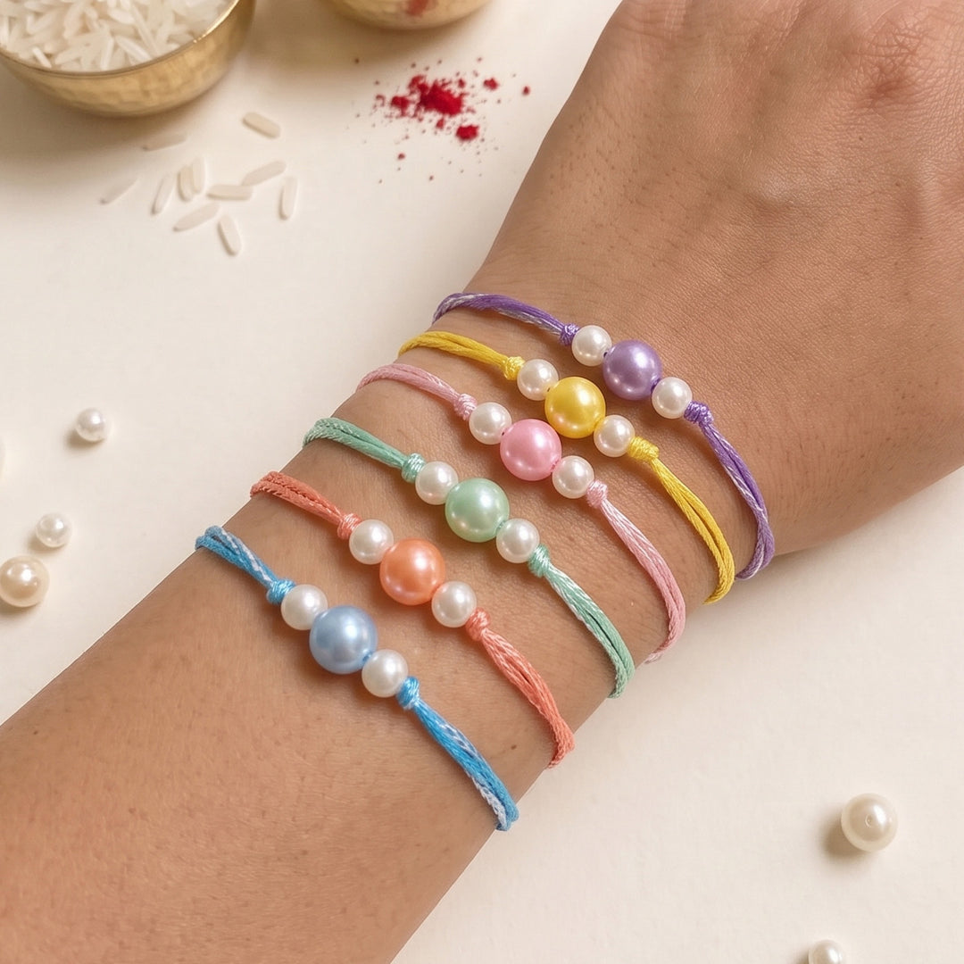 Handmade Rainbow Pearl Rakhi With Roli Chawal | Set of 6