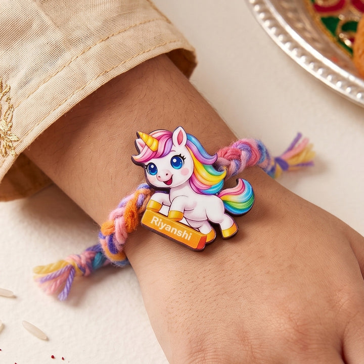 Personalized Reusable Unicorn MDF Wood Rakhi With Roli Chawal