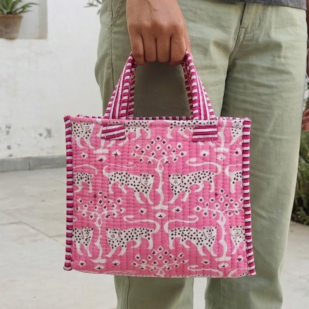 Hand Block Printed Pink Panther Cotton Tote Bag