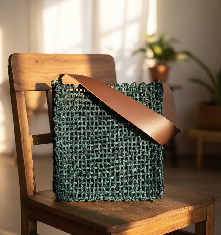 Handmade Grass Woven Box Shaped Leather Strap Indigo Sabai Mesh Tote Bag