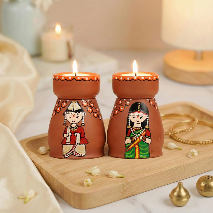 Maharastrian Couple Handpainted Terracotta Tealight Holder