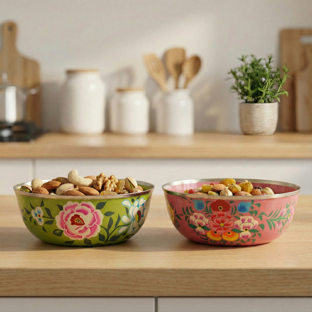 2Pc | Hand-Painted Pink & Green Floral Kashmiri Art Stainless Steel Extra Large Bowls