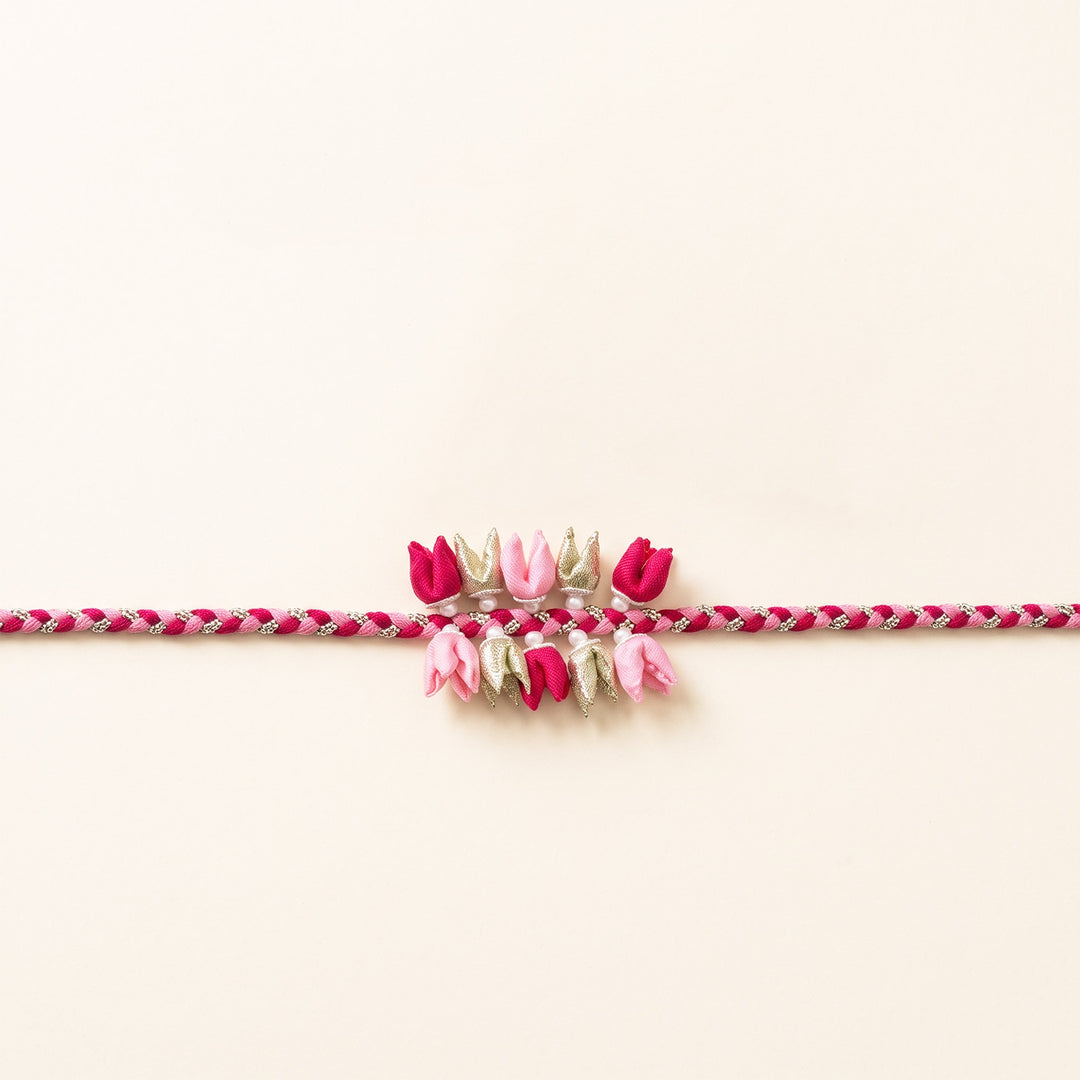 Handmade Dual-Tier Tulip Bud & Pearl Silk Fabric Rakhi For Brother With Roli Chawal
