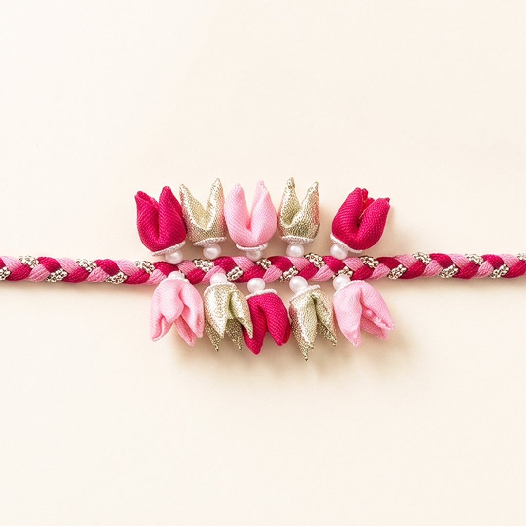Handmade Dual-Tier Tulip Bud & Pearl Silk Fabric Rakhi For Brother With Roli Chawal