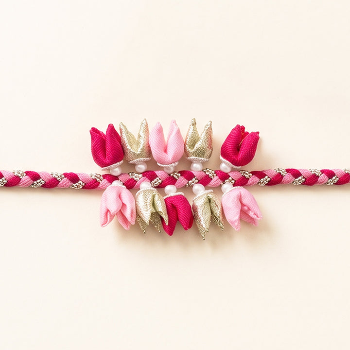 Handmade Dual-Tier Tulip Bud & Pearl Silk Fabric Rakhi For Brother With Roli Chawal