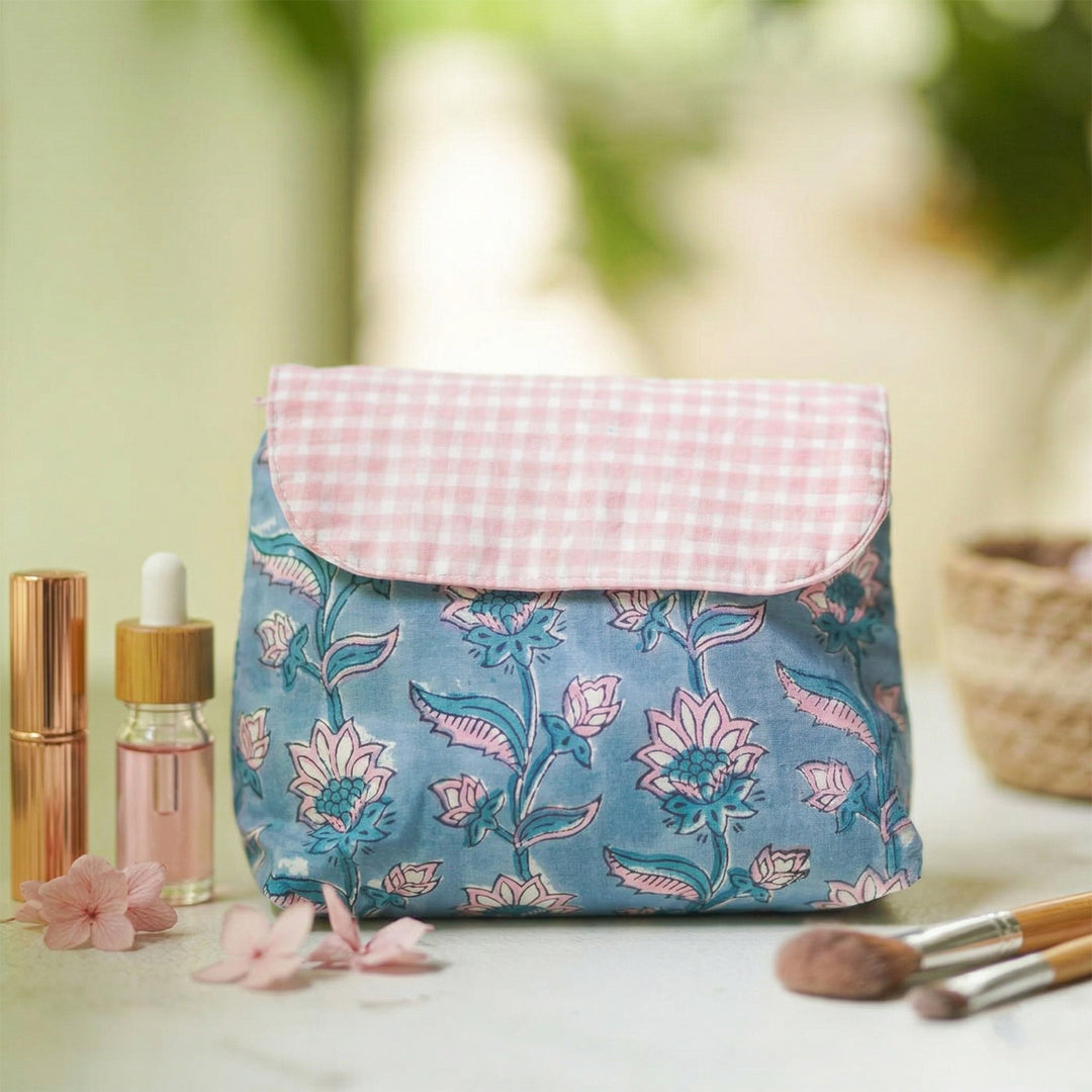 Blue & Pink Floral Cotton Makeup Pouch