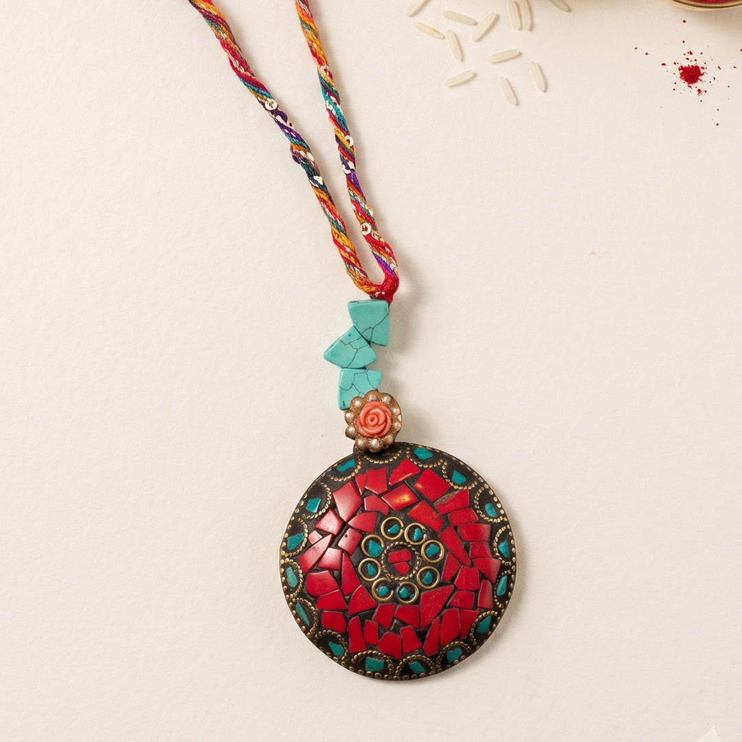 Red-Turquoise Mosaic Lumba Rakhi With Roli Chawal For Sister/Bhabhi