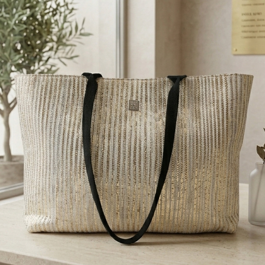 Handcrafted Golden and Silver Striped Upcycled Plastic 14" Office Tote Bag